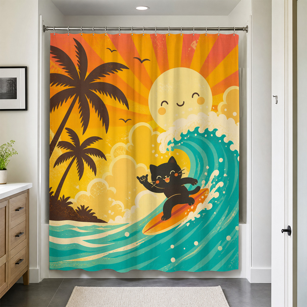 Home Bathroom Ideas - Cute Cat Tropical Sunset Shower Curtain